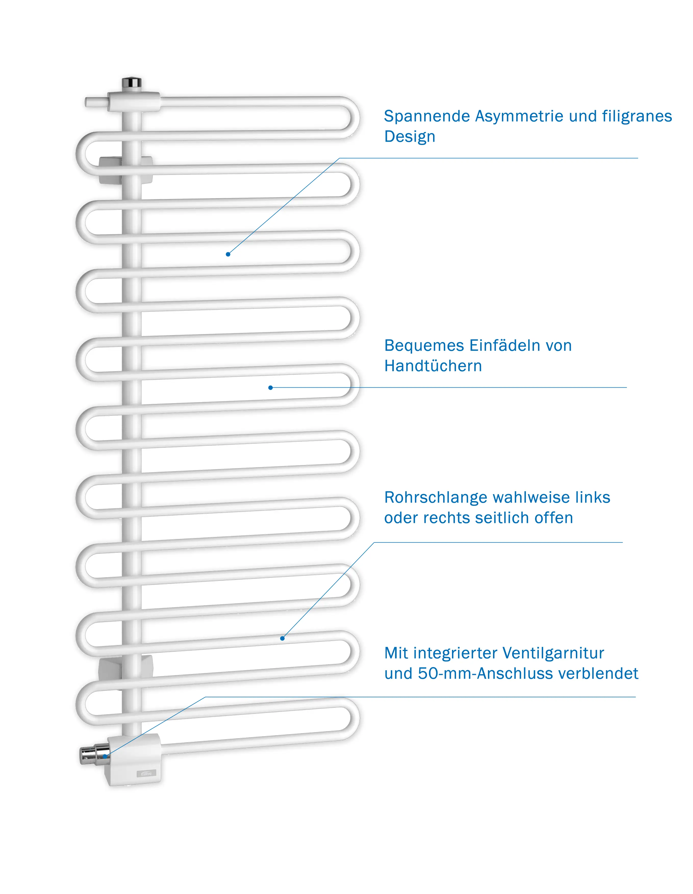 Weißer Kermi-Heizkörper mit asymmetrischem Design, handtuchfreundlichen Schlaufen und seitlichem Anschluss. Integrierte Ventilgarnitur für einfache Installation.